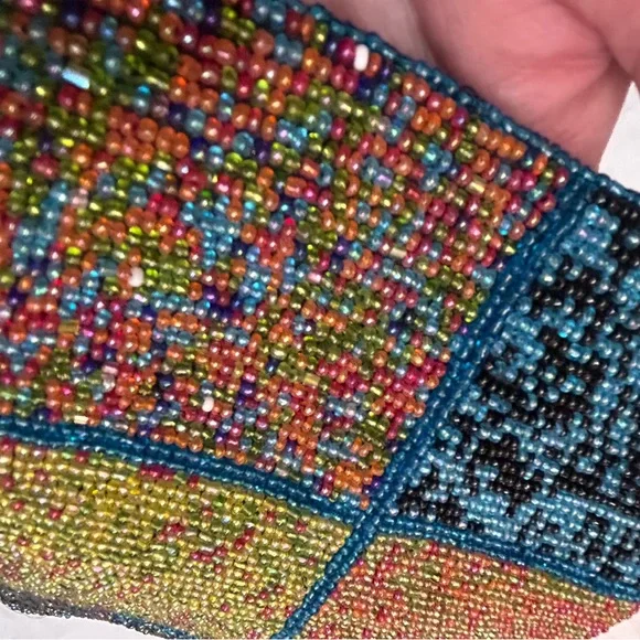 Vintage Hipster Colorful Beaded Cross body Purse Colorblock Pattern Squares - Picture 8 of 9